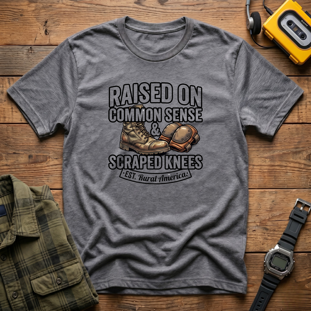 Raised ON Common Sense and Scrapped Knees. Rural America T-Shirt