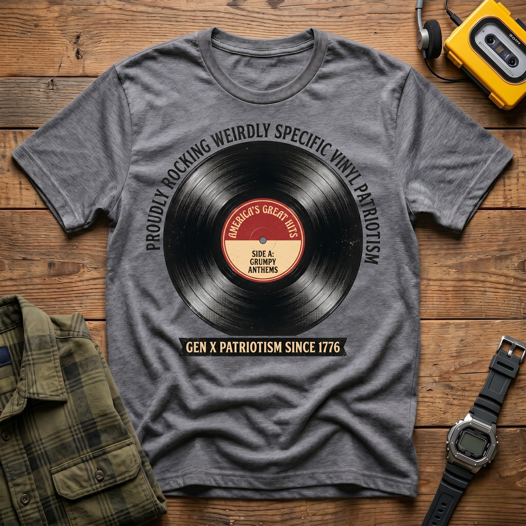Proudly Rocking Weirdly Specific Vinyl Patriotism T-Shirt