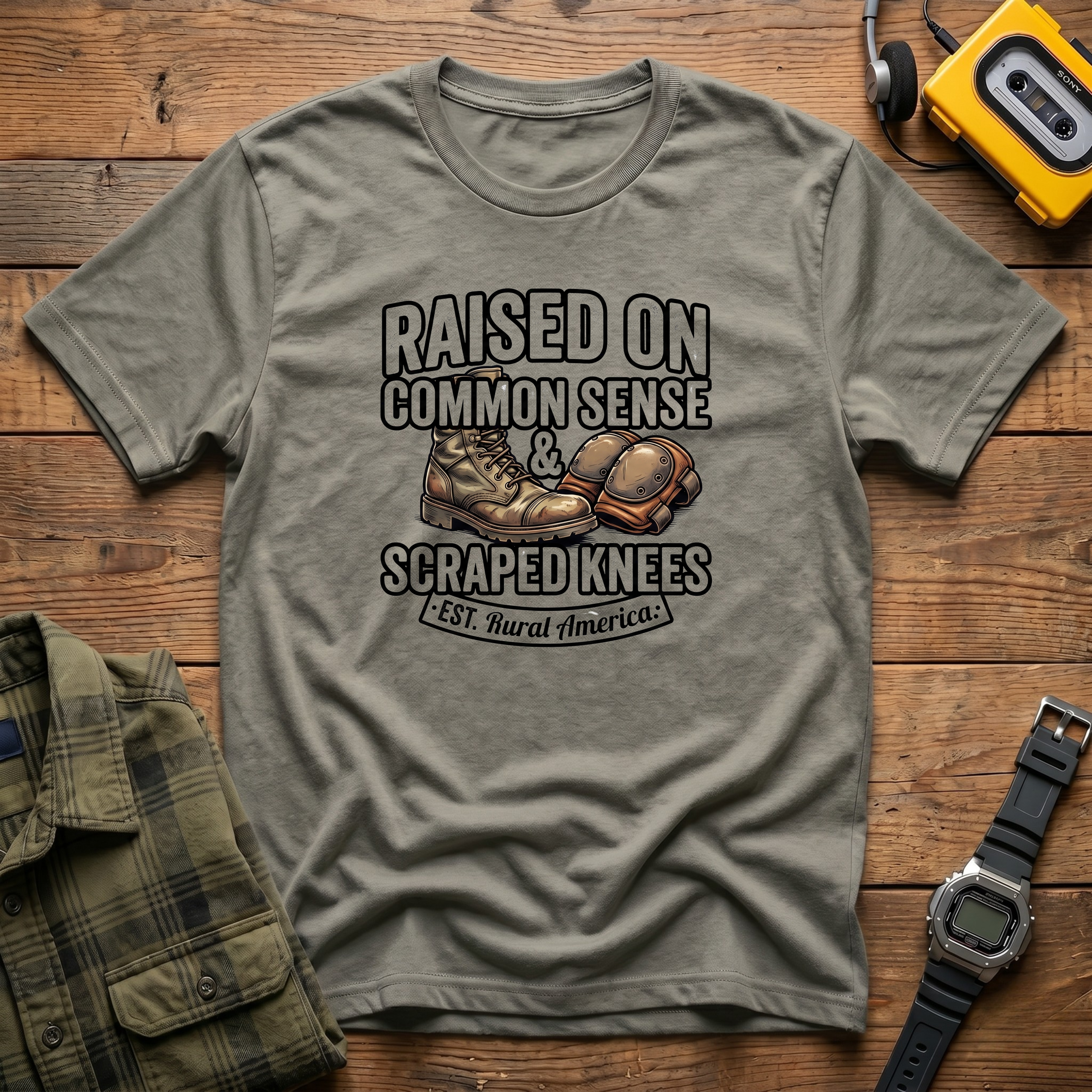 Raised ON Common Sense and Scrapped Knees. Rural America T-Shirt