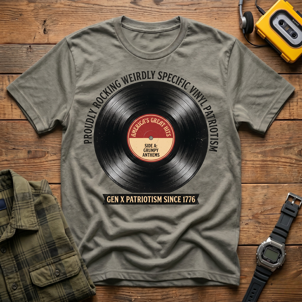 Proudly Rocking Weirdly Specific Vinyl Patriotism T-Shirt
