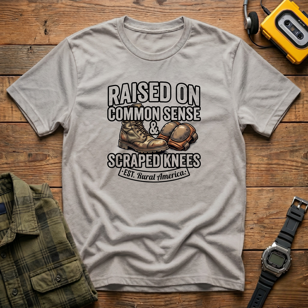 Raised ON Common Sense and Scrapped Knees. Rural America T-Shirt