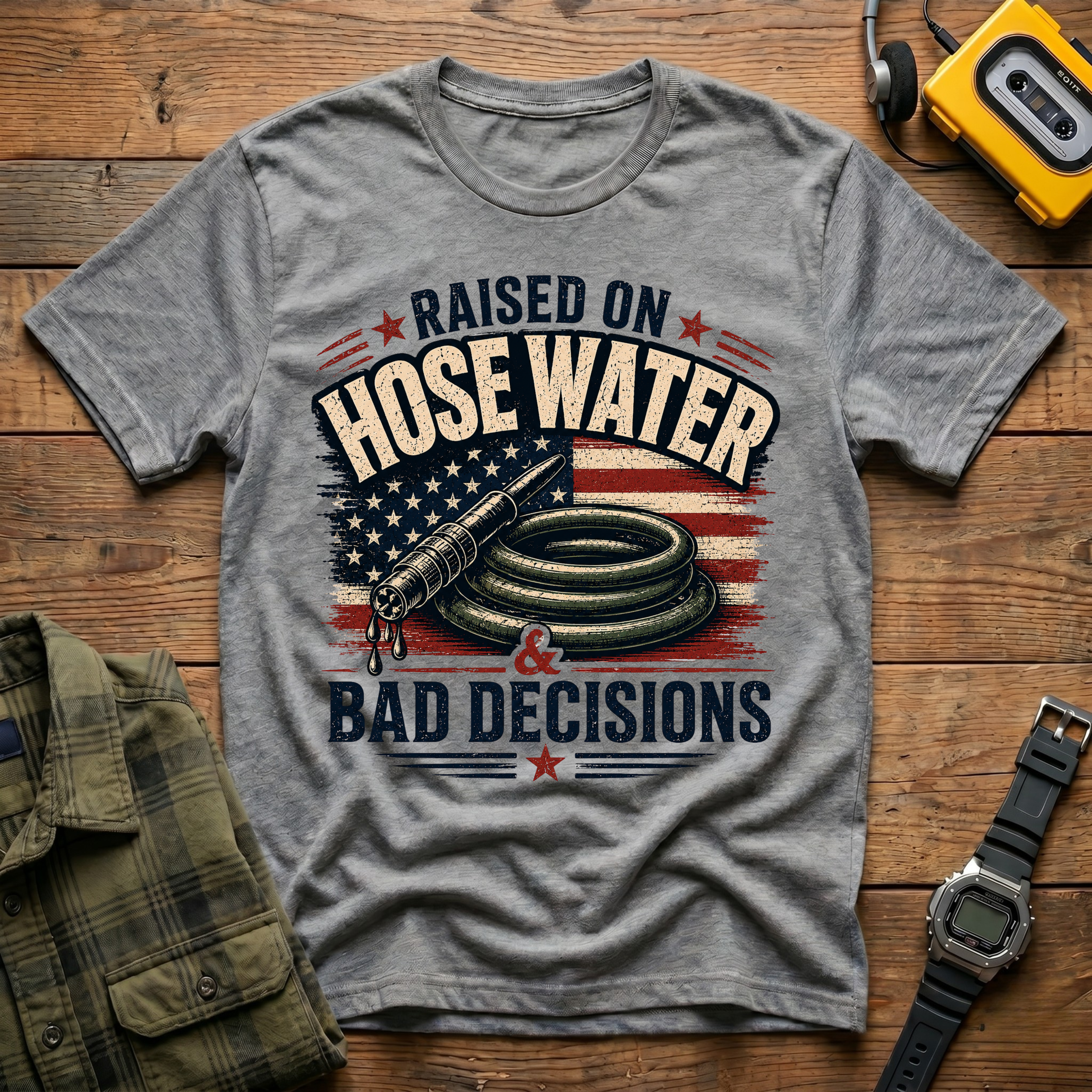 Raised On Hose Water Bad Decisions Flag T-Shirt