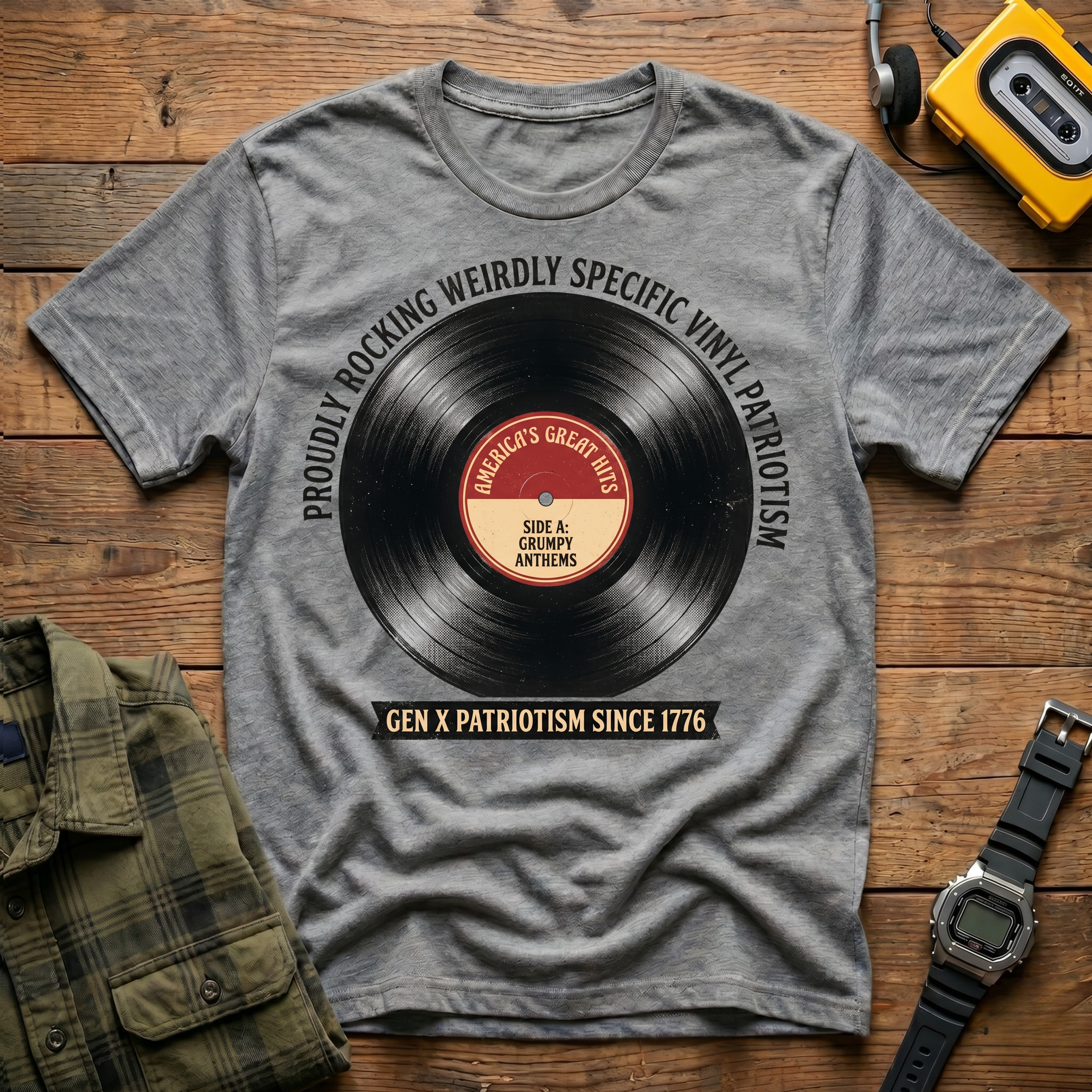 Proudly Rocking Weirdly Specific Vinyl Patriotism T-Shirt