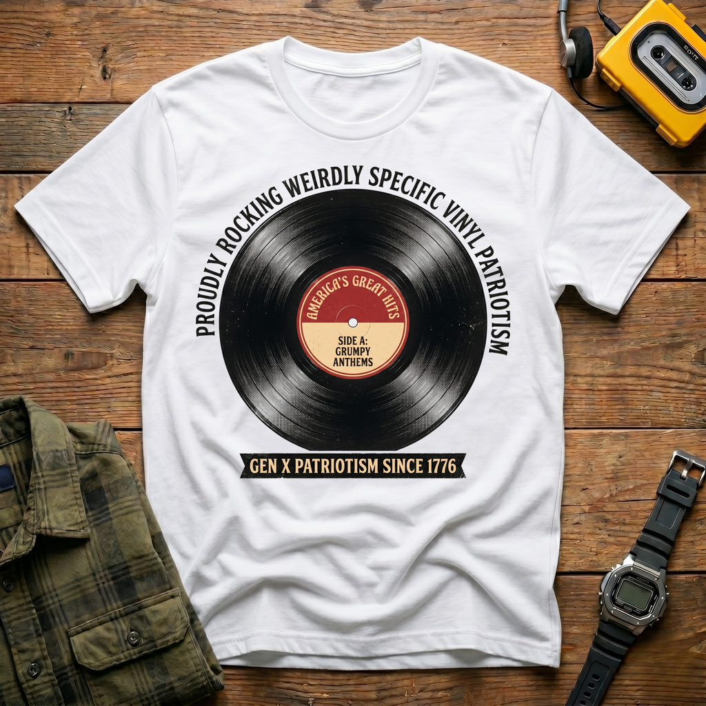 Proudly Rocking Weirdly Specific Vinyl Patriotism T-Shirt