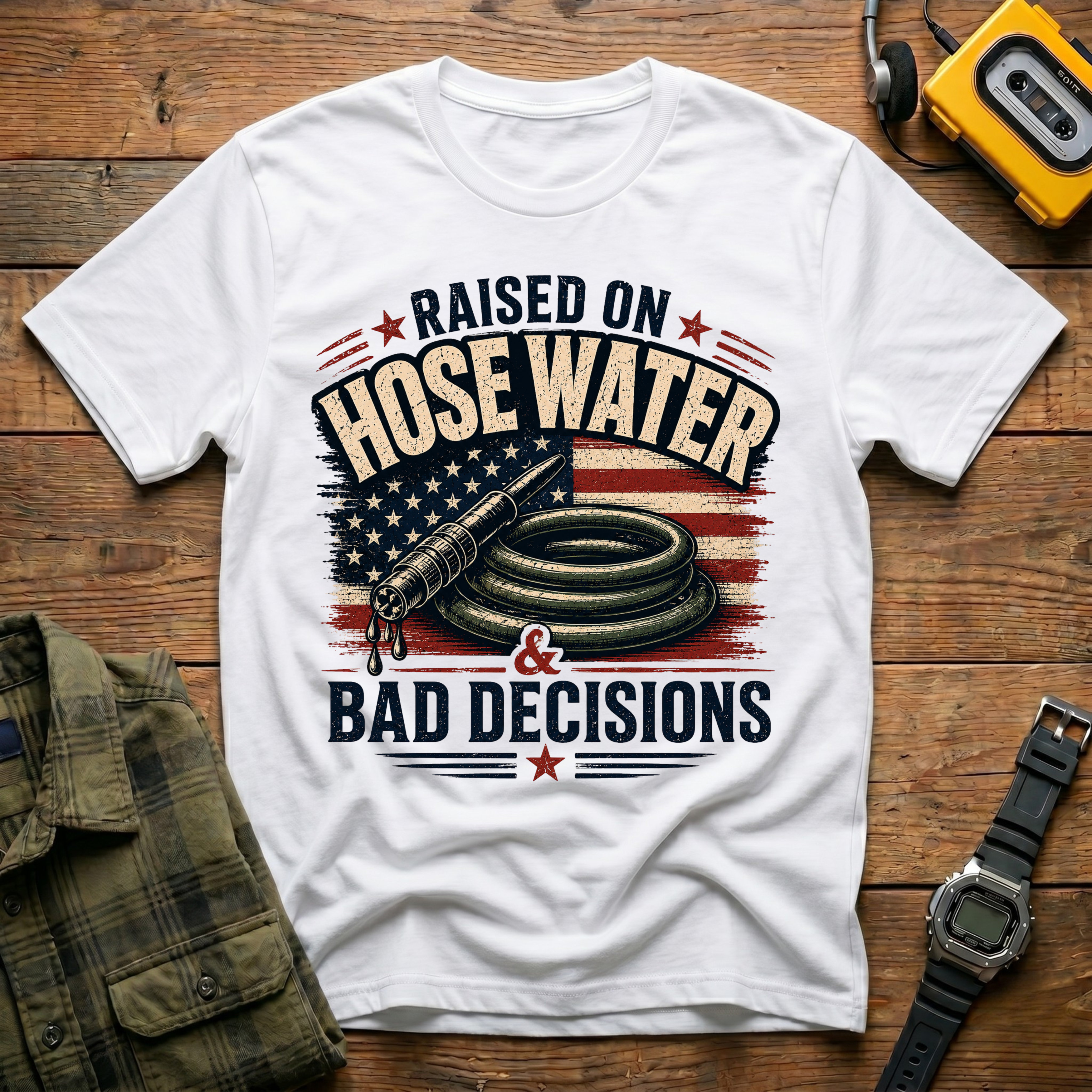 Raised On Hose Water Bad Decisions Flag T-Shirt
