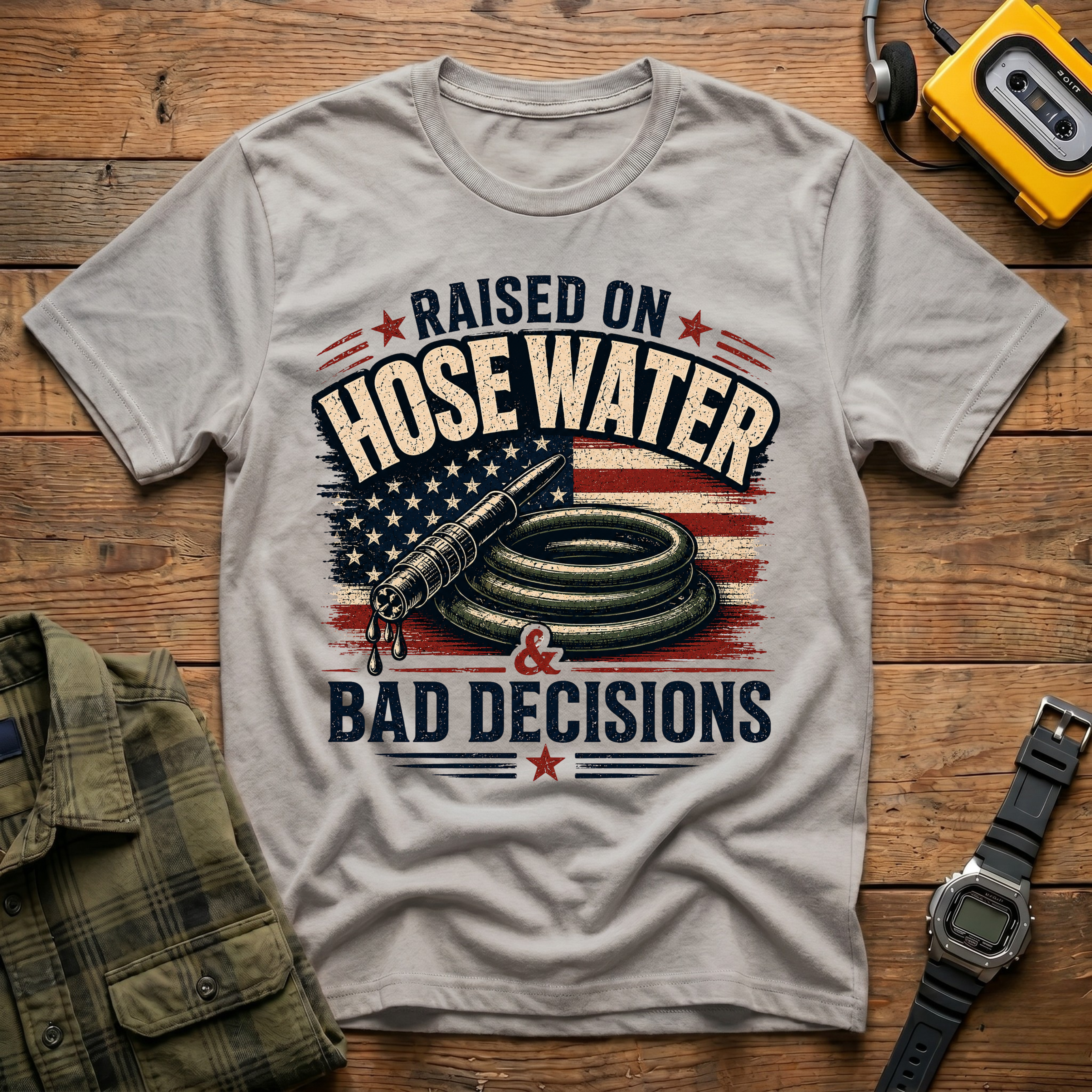 Raised On Hose Water Bad Decisions Flag T-Shirt
